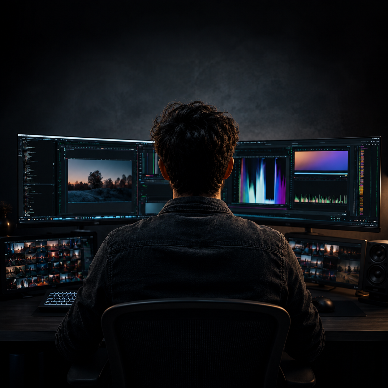 Video editor working at a professional editing workstation
